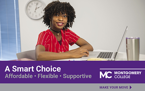 digital marketing ad featuring a black female student sitting in front of a laptop.