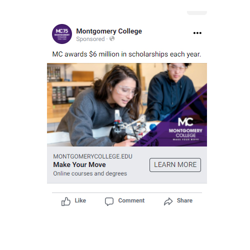 social media ad featuring a white female student working in a lab. MC awards $6 Million in scholarships each year.