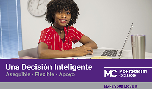 digital marketing ad featuring a black female student sitting in front of a laptop.