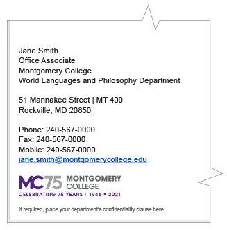 MC的左对齐75周年标志的标语被放置在电子邮件签名在发送者的电子邮件地址和保密条款。