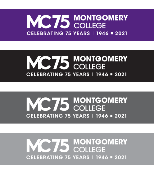 MC的左对齐放置75周年的标志和标语与紫色,黑色,深灰色,中等灰色的背景。