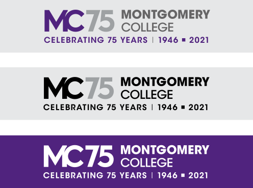 一个图像显示如何保持良好的对比。MC 75周年的主要标志颜色和灰度的MC 75周年的主要标志放置在一个浅灰色背景下。MC的主要75周年标志在白色被放置在一个紫色的背景下。