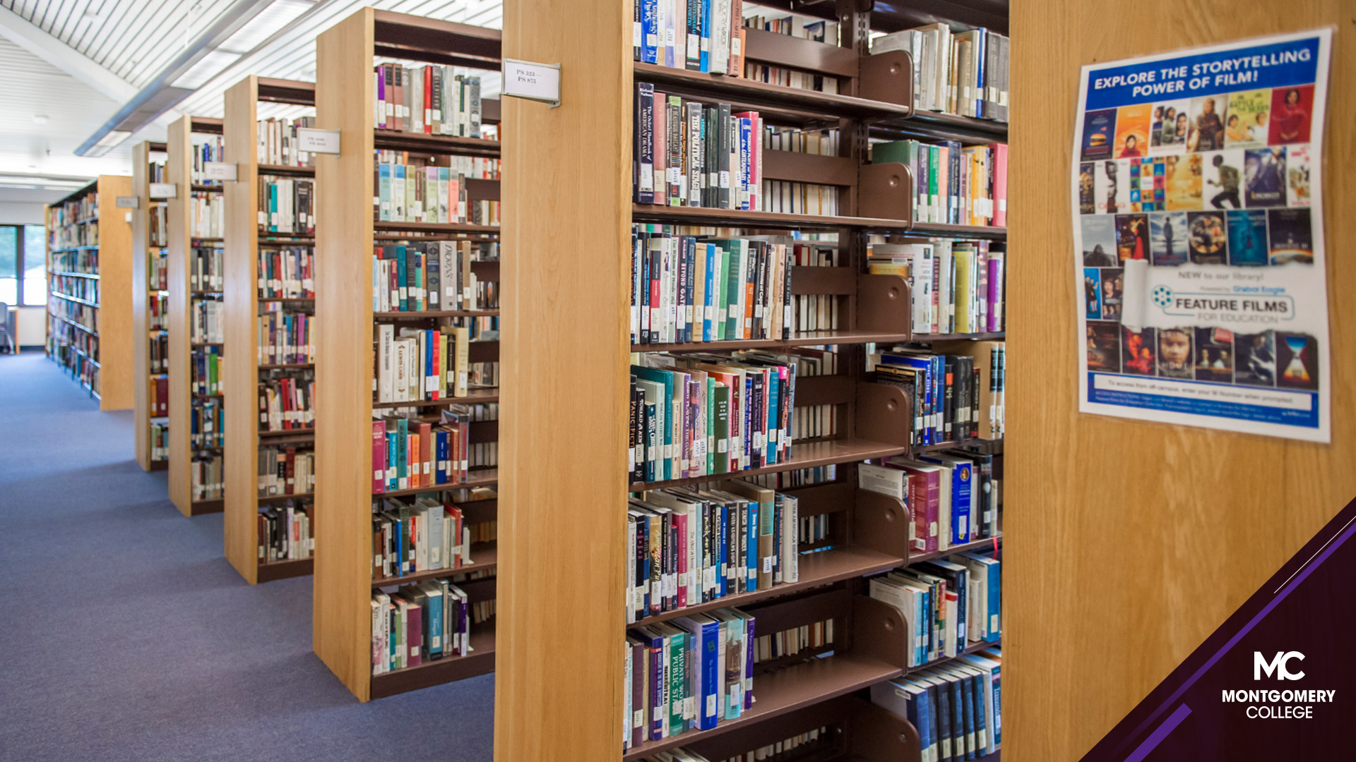 图书馆几排书架的角度视图。